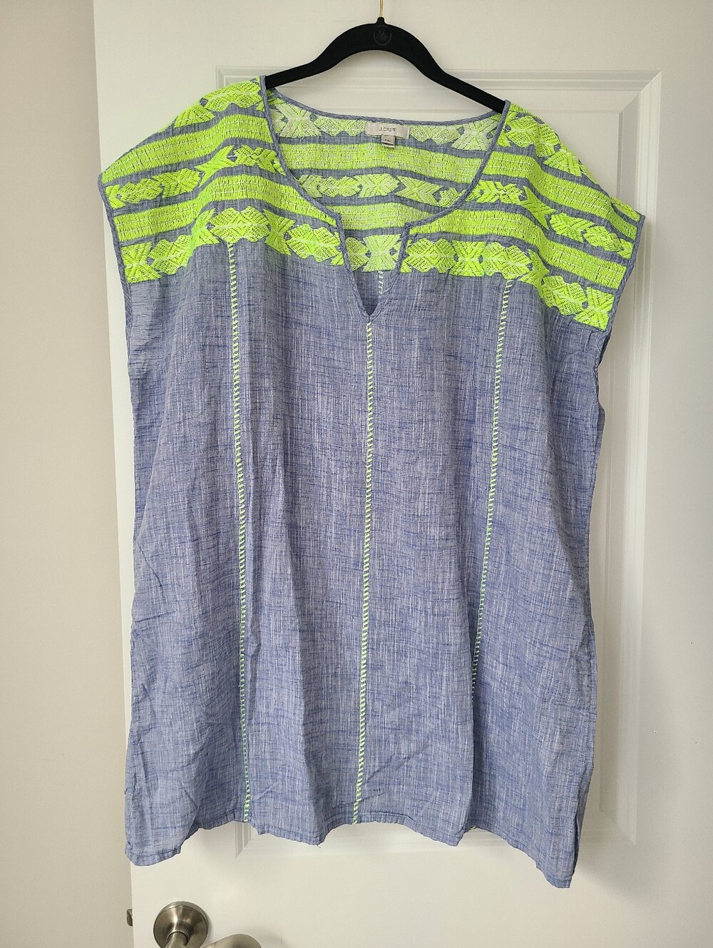 J.Crew Cotton Linen Blend Tunic Top With Neon Green Embroidered Neck